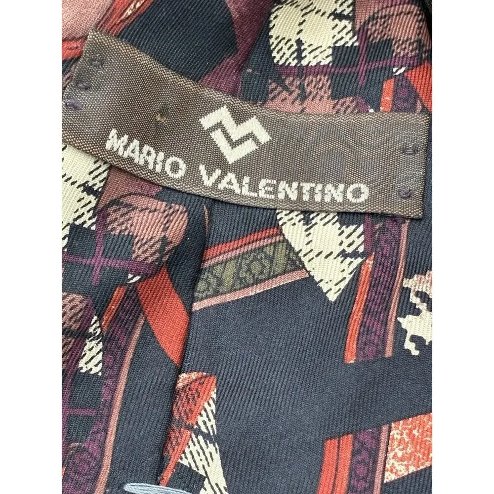 Vintage Mario Valentino Italian Silk Tie Abstract Geometric Burgundy Black